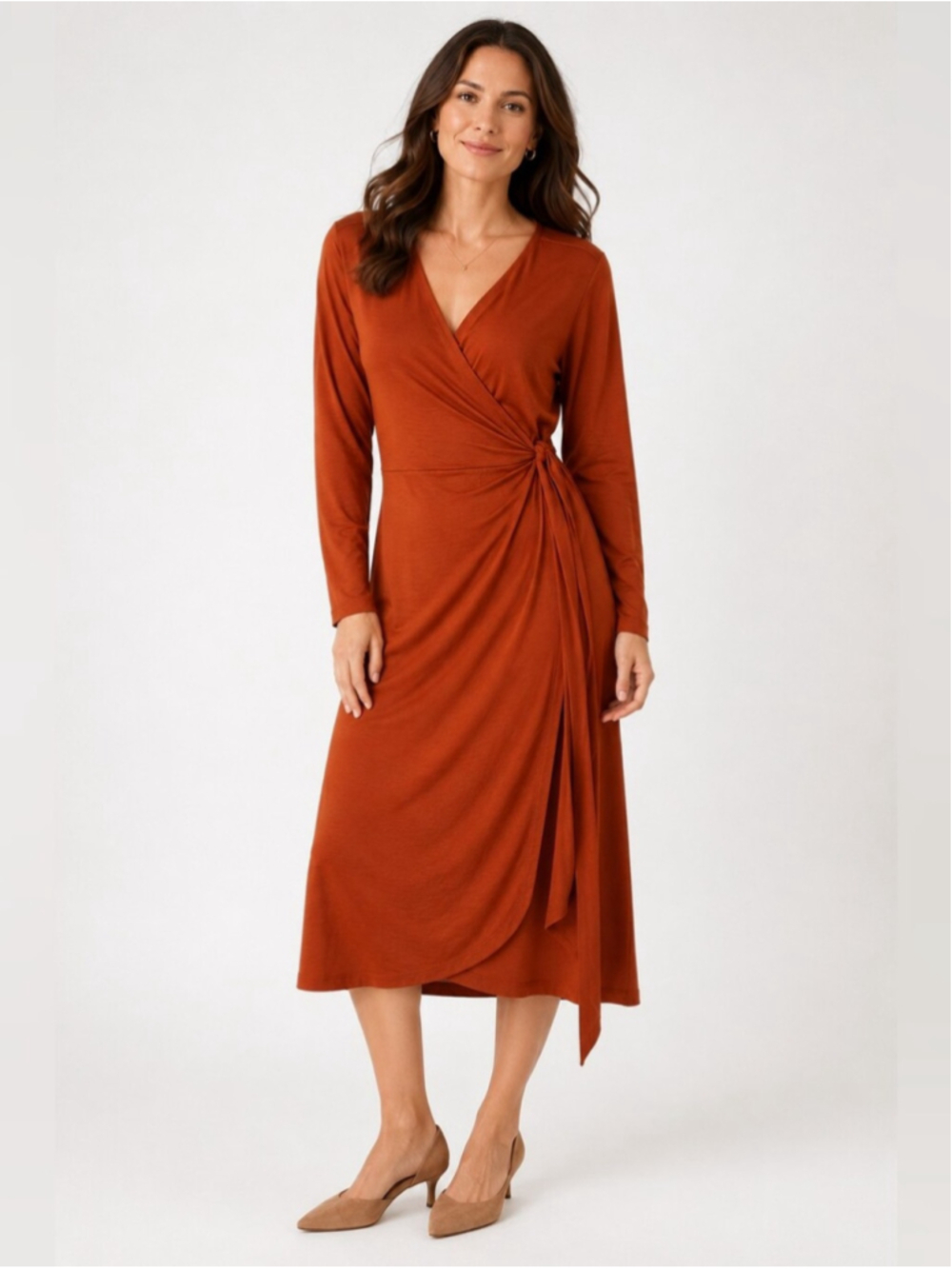 Wool& Rust Merino Wool Wrap Midi Dress Size L Burnt Orange